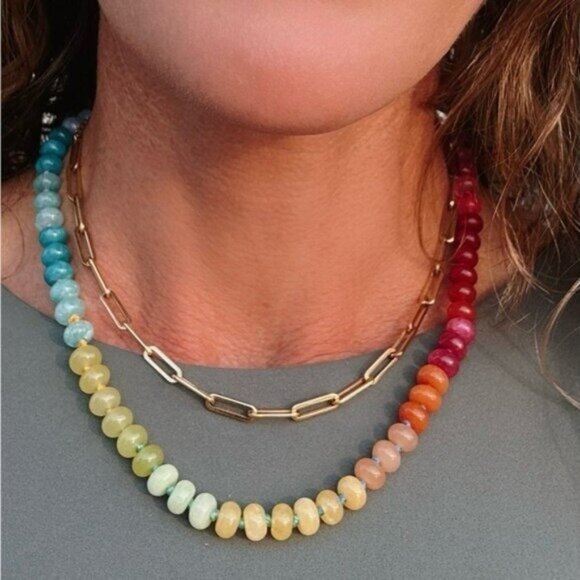 Jewelry - Rainbow Crystal Beaded Necklace 18K Gold Toggle Waterproof Boho Layering Jewelry